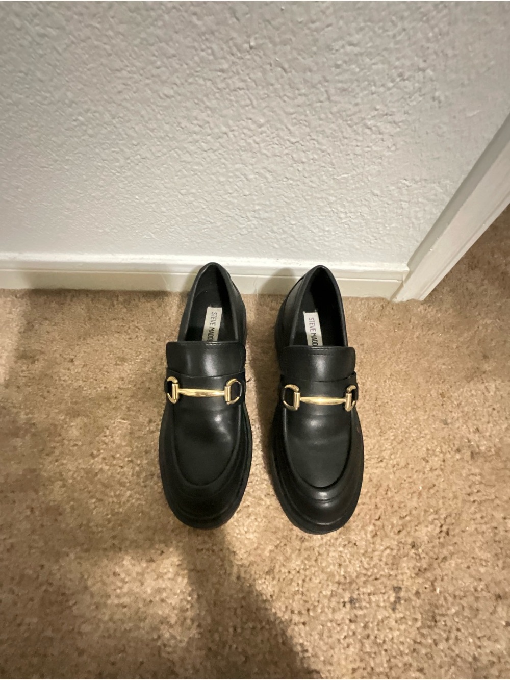 Steve Madden Black Leather Loafers with Gold Bit